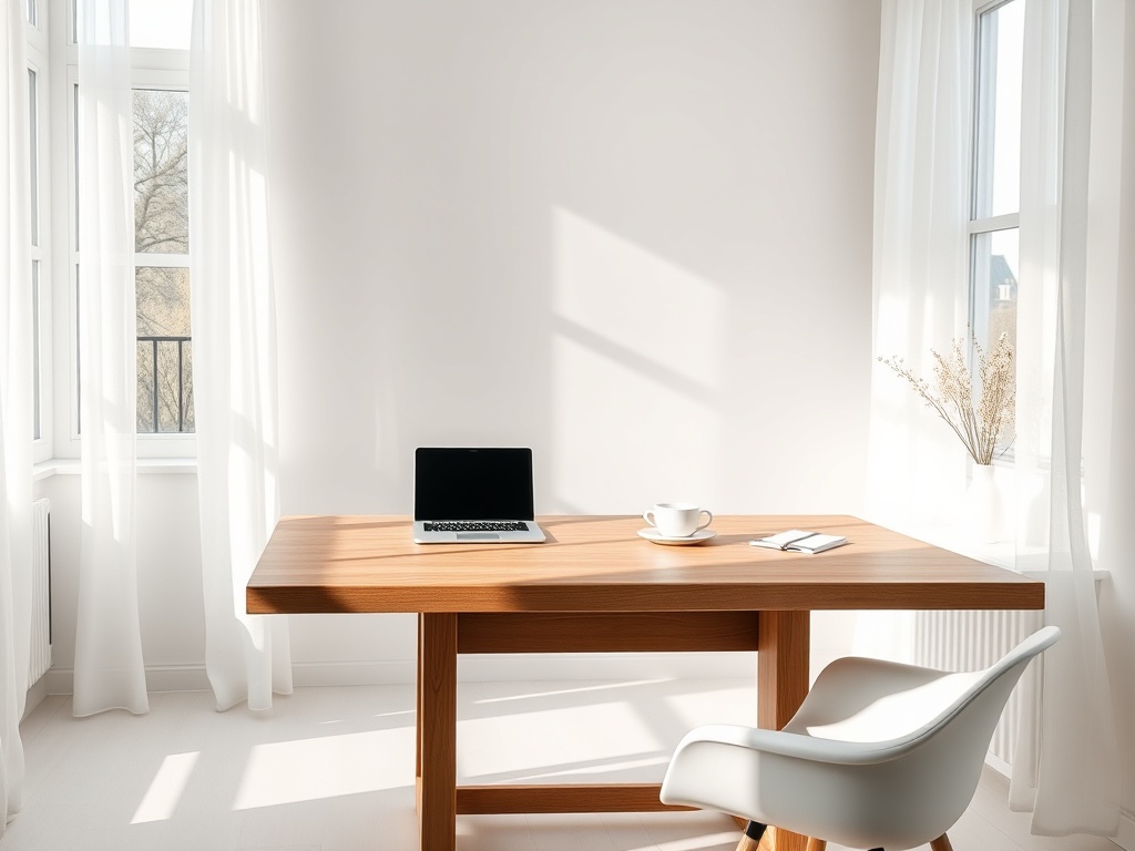 A sunlit minimalist Scandinavian workspace, white walls with a large oak desk, a sleek laptop and a steaming coffee cup, soft shadows from sheer curtains, photorealistic 8k commercial photography style, cinematic lighting