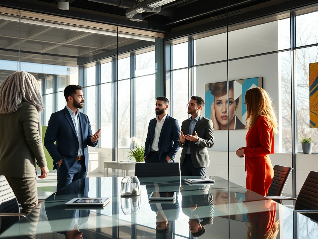 Diverse team of four professionals in a modern glass boardroom, natural light streaming through floor-to-ceiling windows, one person gesturing while others listen, contemporary art on walls, photorealistic 8k commercial photography style, cinematic