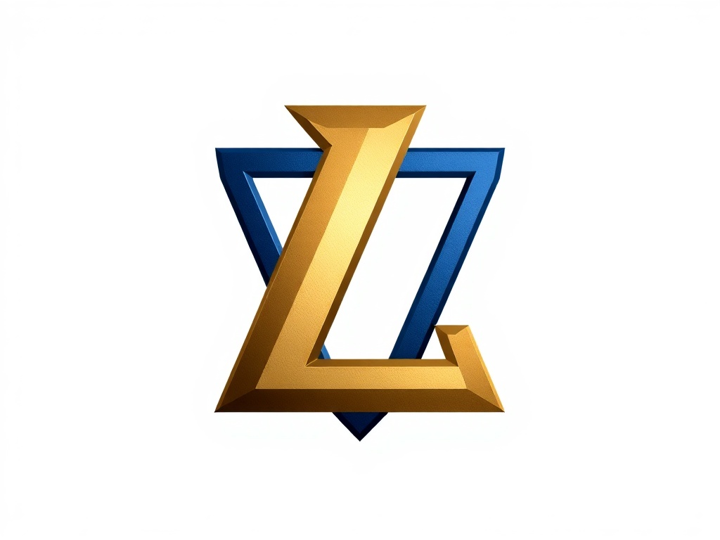 A geometric mark combining a stylized 'L' and a shield, gold and deep blue, high contrast, photorealistic metallic rendering, isolated on white background, 8k